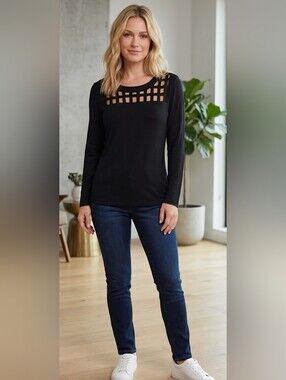 Vocal Black Long-Sleeve Top with Ladder Cutout Yoke